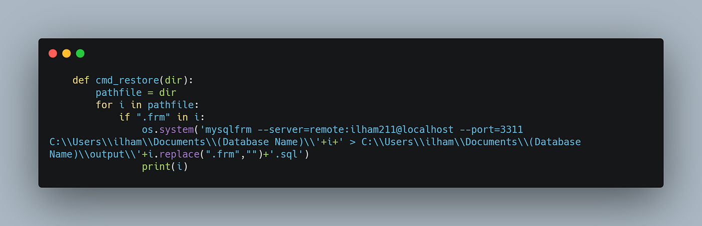 Python cmd_restore() function looping over .frm files and running mysqlfrm